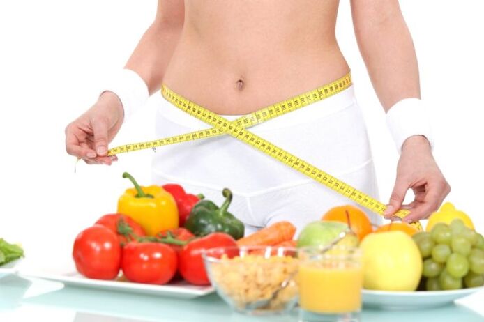 girl measuring waist, grocery stores in background
